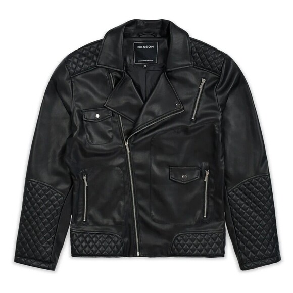 Reason Moto Jacket Men’s Large Black Faux Leather Quilted Biker